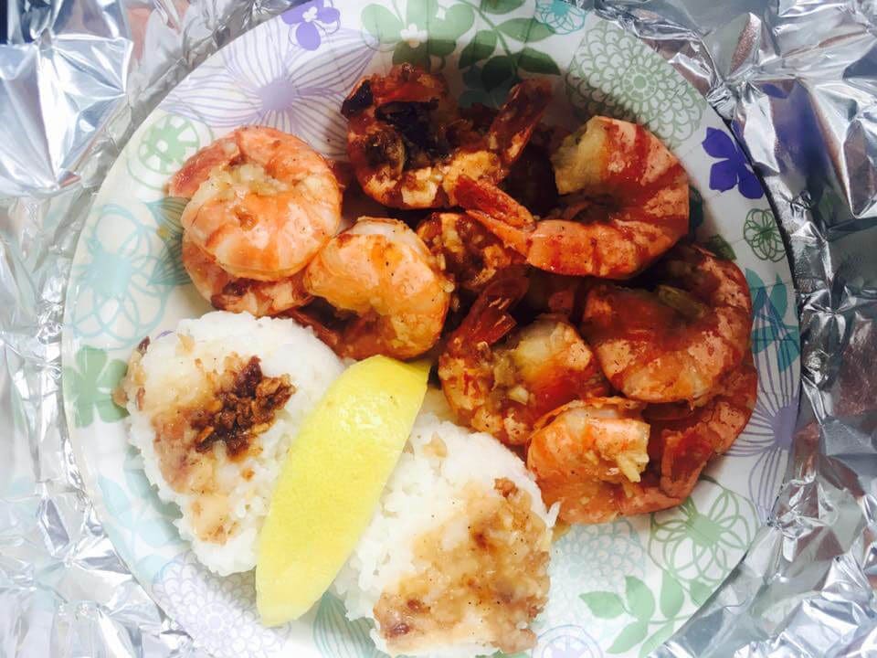 Giovanni's shrimp plate on the North Shore of Hawaii with rice and lemon